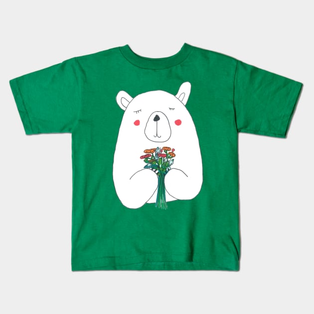 Polar Bear With Flowers Kids T-Shirt by DoodlesAndStuff